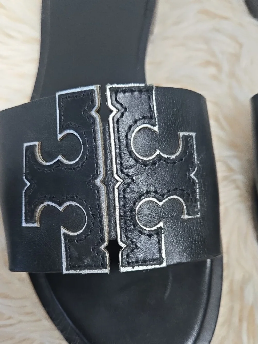 EUC Tory Burch Black Slide Sandals with Silver Logo Trim